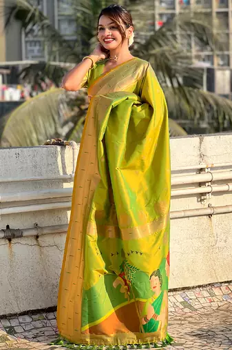 Mehendi woven self design pure silk paithani saree with blouse
