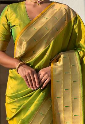 Mehendi woven self design pure silk paithani saree with blouse 4