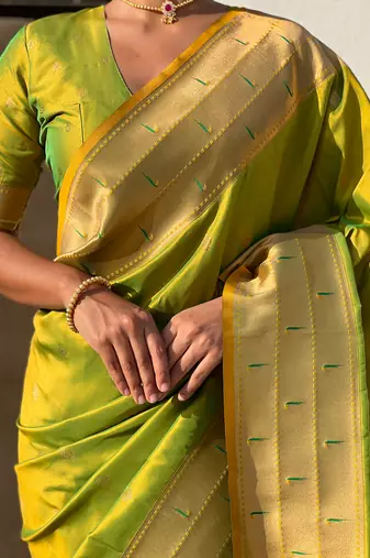 Mehendi woven self design pure silk paithani saree with blouse