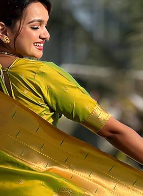 Mehendi woven self design pure silk paithani saree with blouse 5