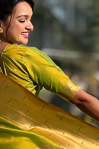 Mehendi woven self design pure silk paithani saree with blouse