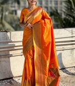 Orange woven self design pure silk paithani saree with blouse