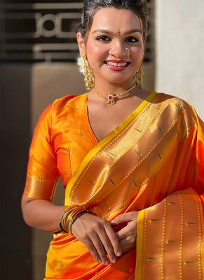 Orange woven self design pure silk paithani saree with blouse 2