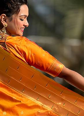 Orange woven self design pure silk paithani saree with blouse 3