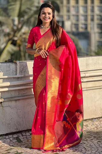 Pink woven self design pure silk paithani saree with blouse