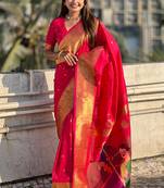 Pink woven self design pure silk paithani saree with blouse