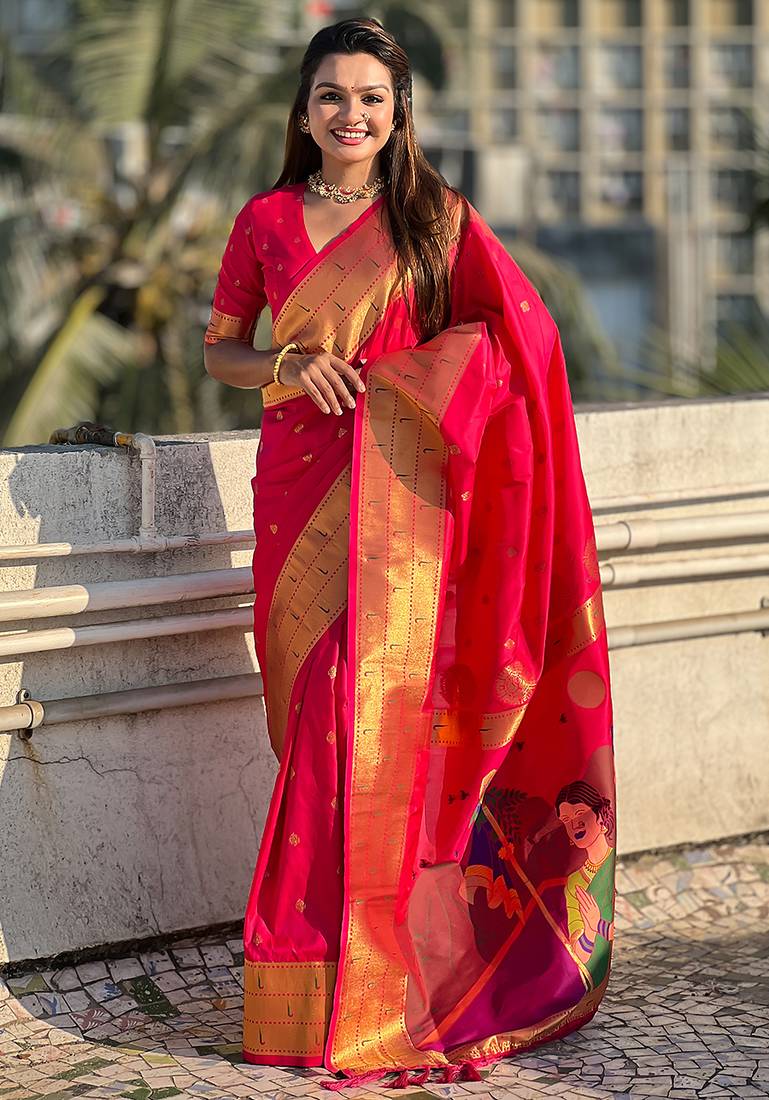 Pink woven self design pure silk paithani saree with blouse