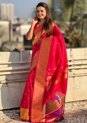 Pink woven self design pure silk paithani saree with blouse 2