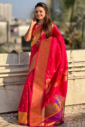 Pink woven self design pure silk paithani saree with blouse