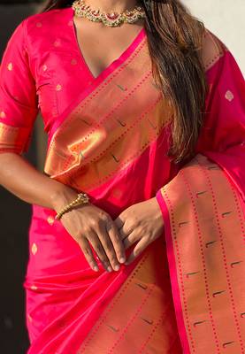 Pink woven self design pure silk paithani saree with blouse 3