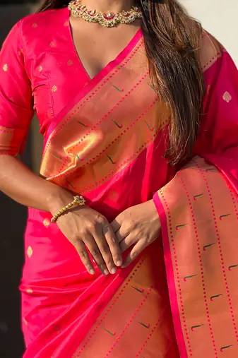 Pink woven self design pure silk paithani saree with blouse