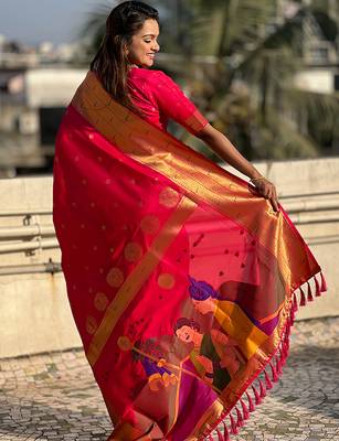 Pink woven self design pure silk paithani saree with blouse 4