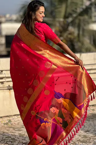Pink woven self design pure silk paithani saree with blouse