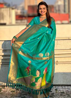 Sea green woven self design pure silk paithani saree with blouse 2