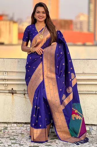 Violet woven self design pure silk paithani saree with blouse