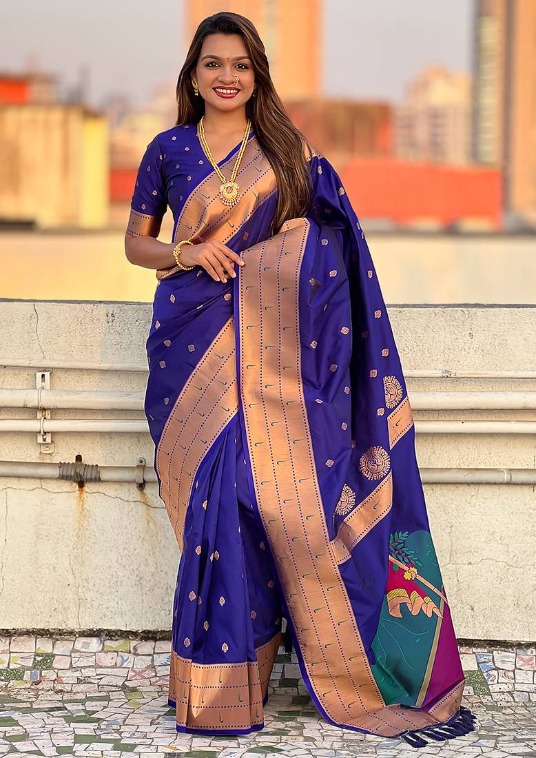 Violet woven self design pure silk paithani saree with blouse