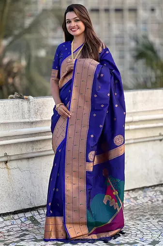Violet woven self design pure silk paithani saree with blouse