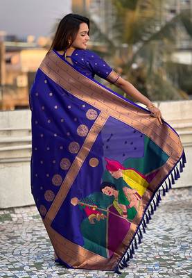 Violet woven self design pure silk paithani saree with blouse 4