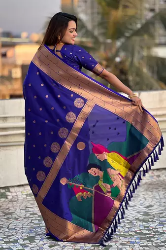 Violet woven self design pure silk paithani saree with blouse