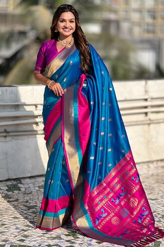 Blue woven self design pure silk paithani saree with blouse