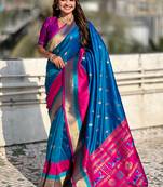 Blue woven self design pure silk paithani saree with blouse
