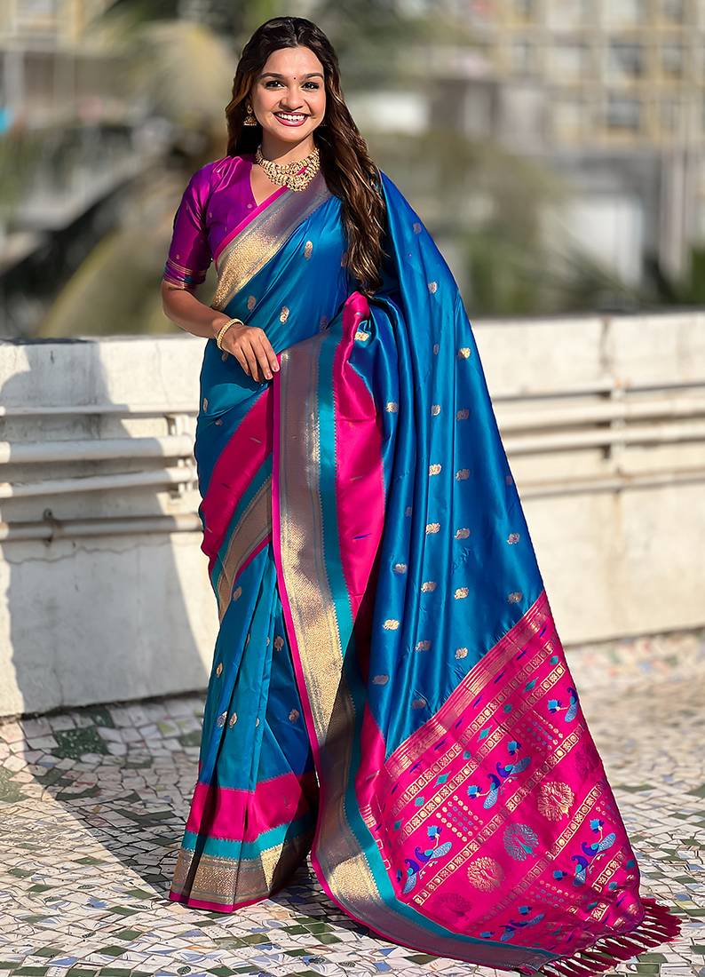 Blue woven self design pure silk paithani saree with blouse