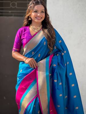 Blue woven self design pure silk paithani saree with blouse 2