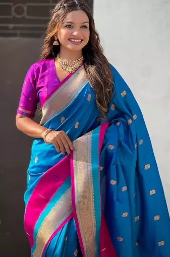Blue woven self design pure silk paithani saree with blouse