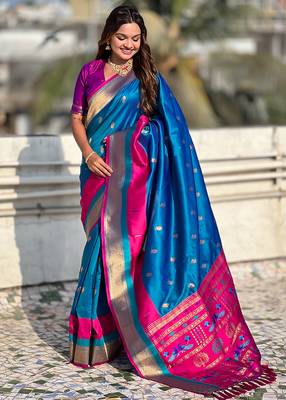 Blue woven self design pure silk paithani saree with blouse 3