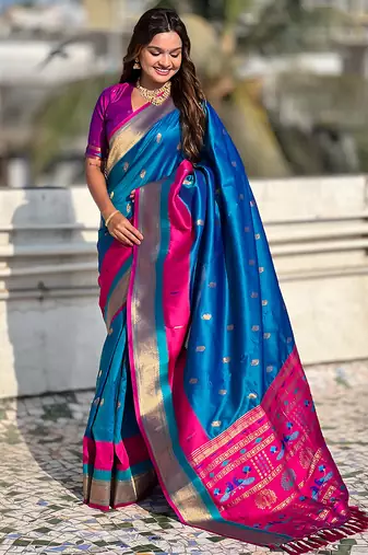 Blue woven self design pure silk paithani saree with blouse