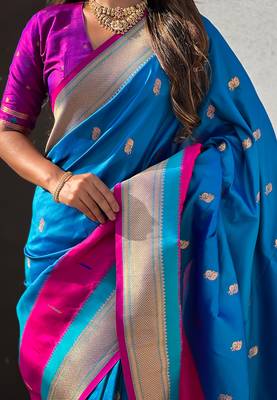 Blue woven self design pure silk paithani saree with blouse 4