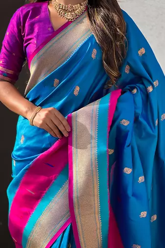 Blue woven self design pure silk paithani saree with blouse