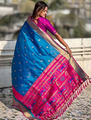 Blue woven self design pure silk paithani saree with blouse 5