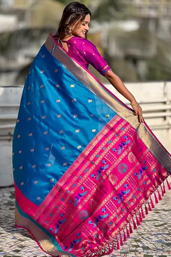 Blue woven self design pure silk paithani saree with blouse