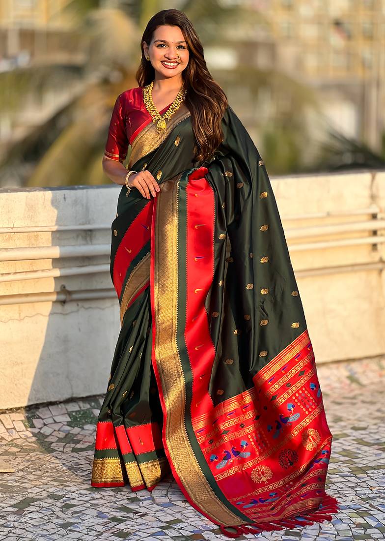 Dark green woven self design pure silk paithani saree with blouse