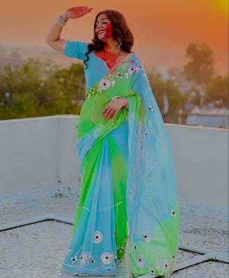 Sky Blue Color  Gota Work Chiffon saree 1