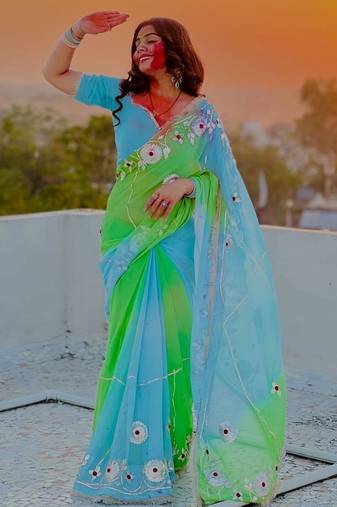 Sky Blue Color  Gota Work Chiffon saree