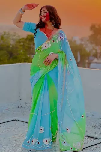 Sky Blue Color  Gota Work Chiffon saree