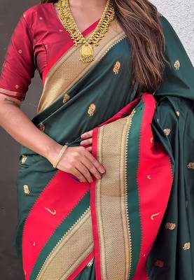 Dark green woven self design pure silk paithani saree with blouse 4