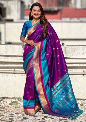 Magenta woven self design pure silk paithani saree with blouse 1