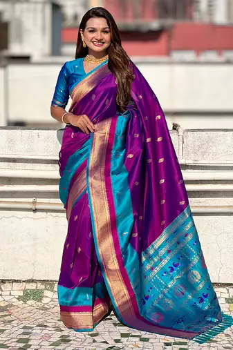 Magenta woven self design pure silk paithani saree with blouse