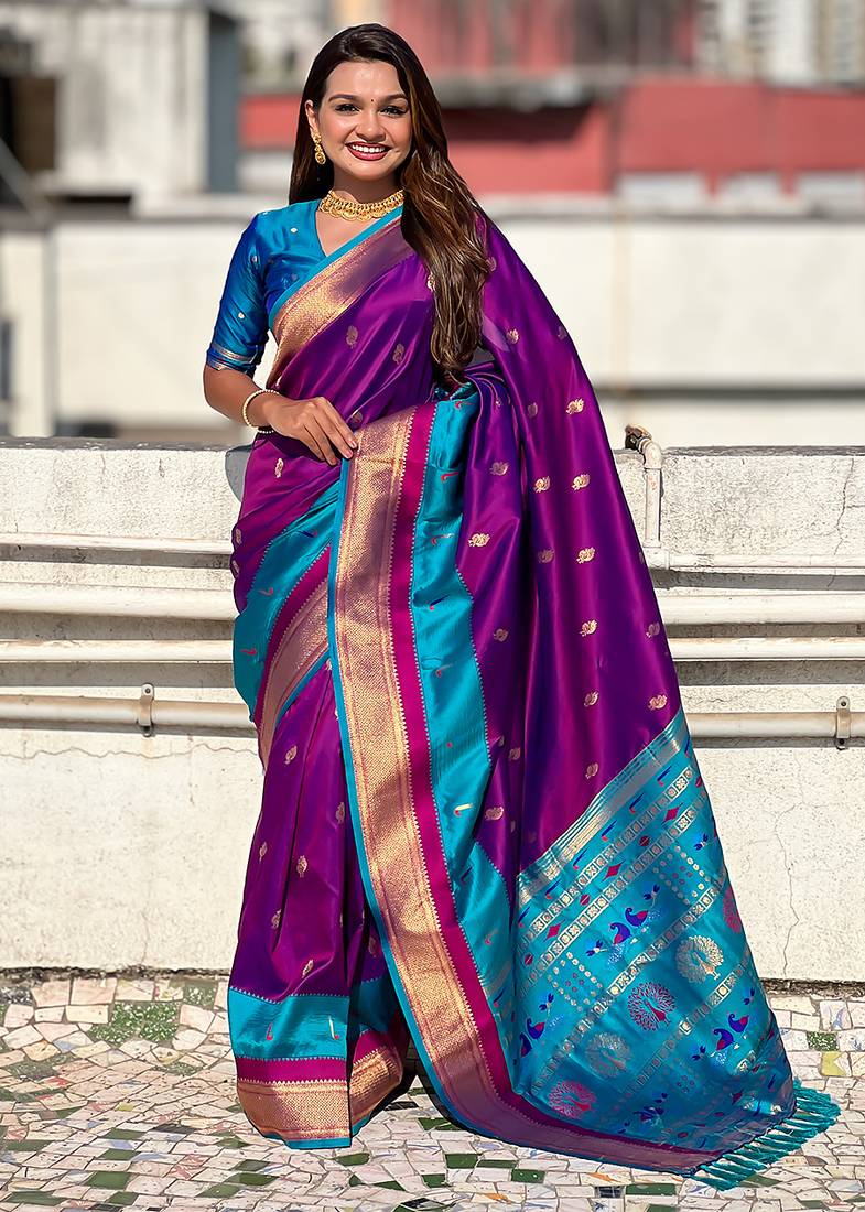 Magenta woven self design pure silk paithani saree with blouse