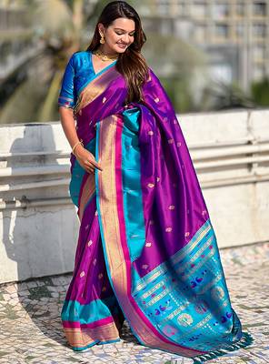 Magenta woven self design pure silk paithani saree with blouse 3