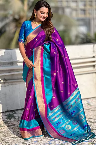 Magenta woven self design pure silk paithani saree with blouse