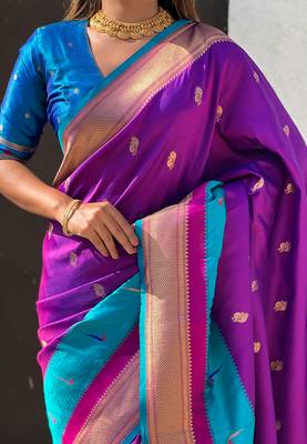 Magenta woven self design pure silk paithani saree with blouse 4