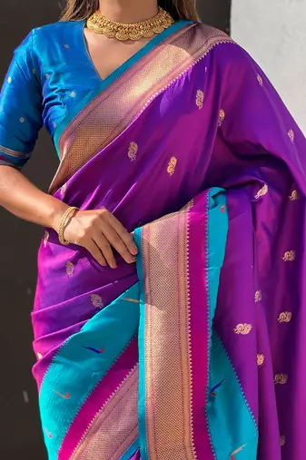 Magenta woven self design pure silk paithani saree with blouse