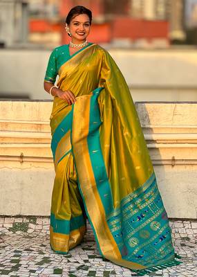 Mehendi woven self design pure silk paithani saree with blouse 1