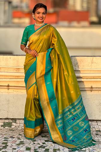 Mehendi woven self design pure silk paithani saree with blouse