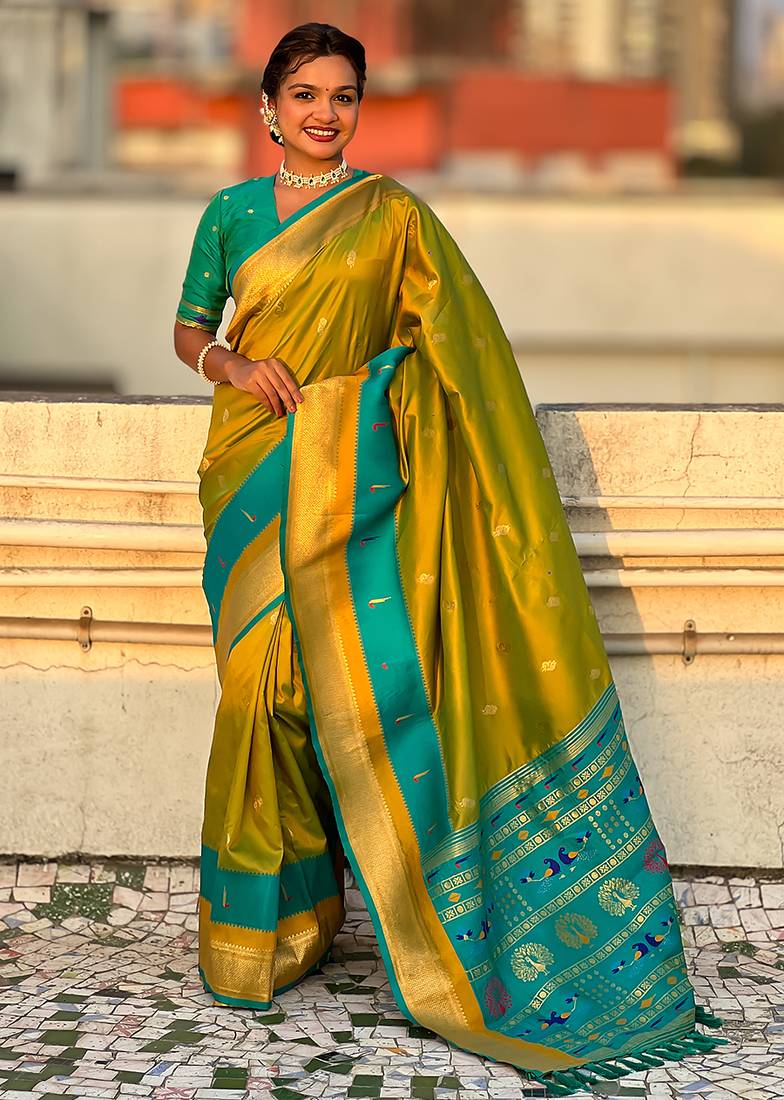 Mehendi woven self design pure silk paithani saree with blouse