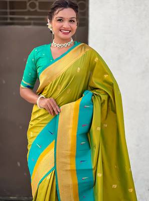 Mehendi woven self design pure silk paithani saree with blouse 2